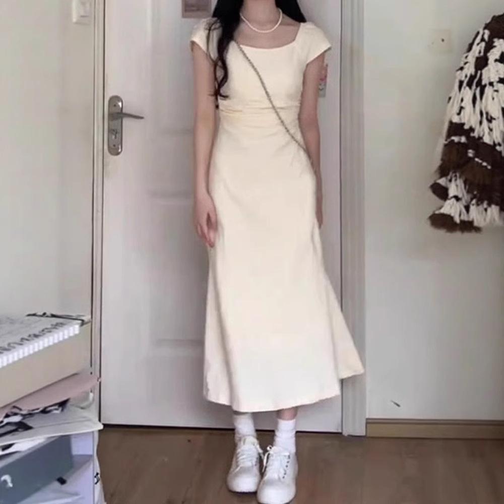 

Coffee Break French First Love Square Neck Dress Women s Summer New Temperament Waist Skinny Hip Wrap Long Dress S