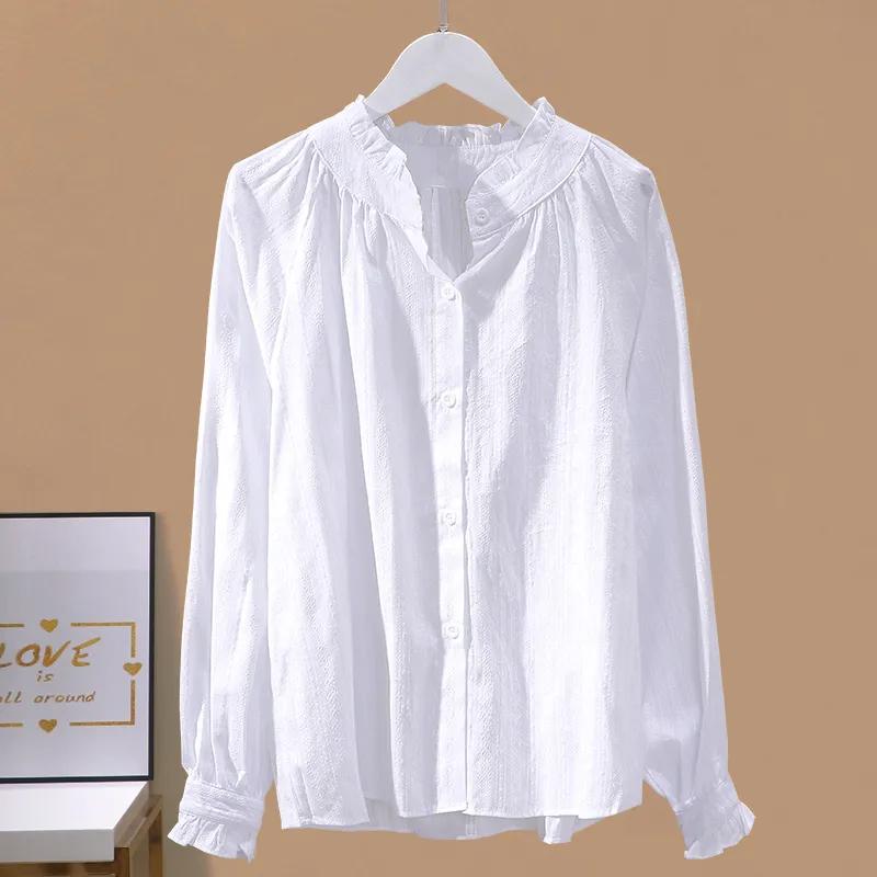 Women's White Ruffled Stand Collar Blouse Long Sleeve Casual Loose Fit Button-Down Shirt