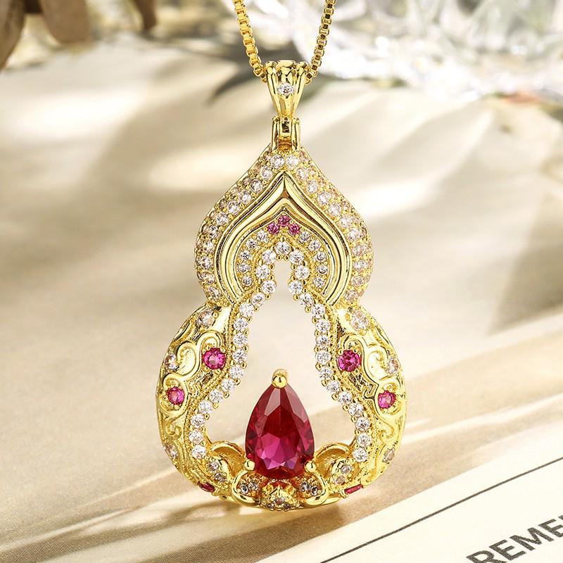 Exquisite Full Diamond Gourd Lotus Necklace with Carved Patterns and Gemstone Accents - New Chinese Style for Women