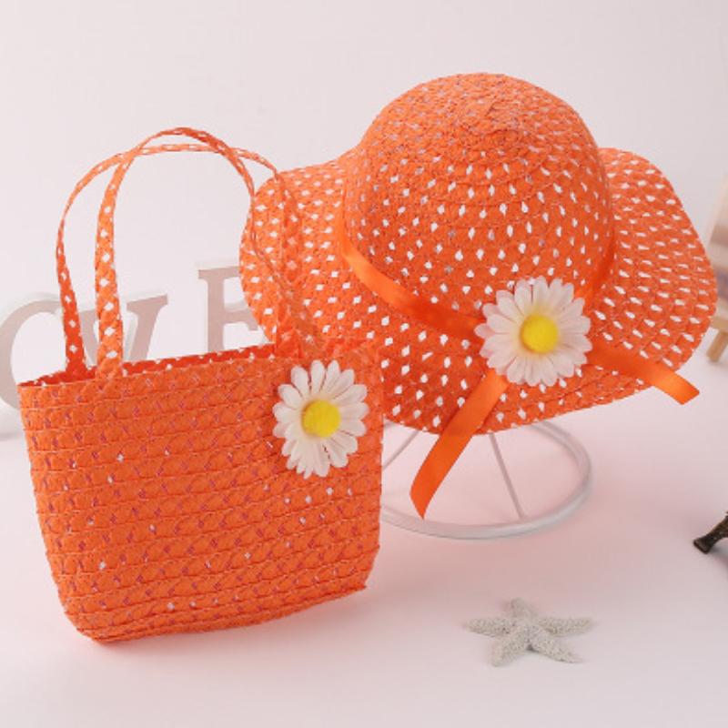 Kids Charm Princess Straw Baby Girl Sun Beach Hat Flower Cap & Handbag Lovely Summer