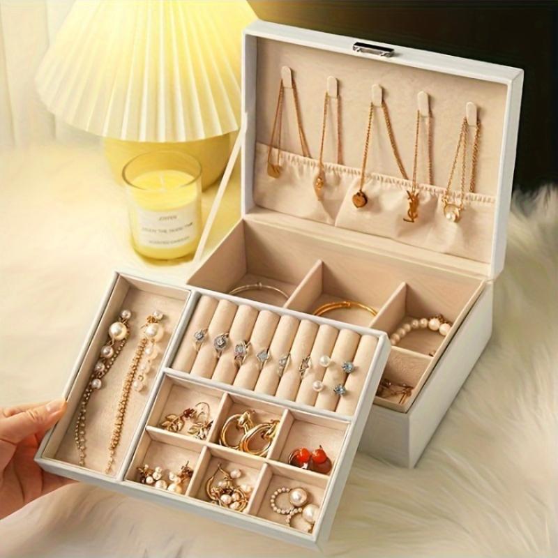 

Vintage-Style Double-Layer Faux Leather Jewelry Organizer Box with Lock - Spacious Storage for Earrings, Jewelry Boxes бежевый
