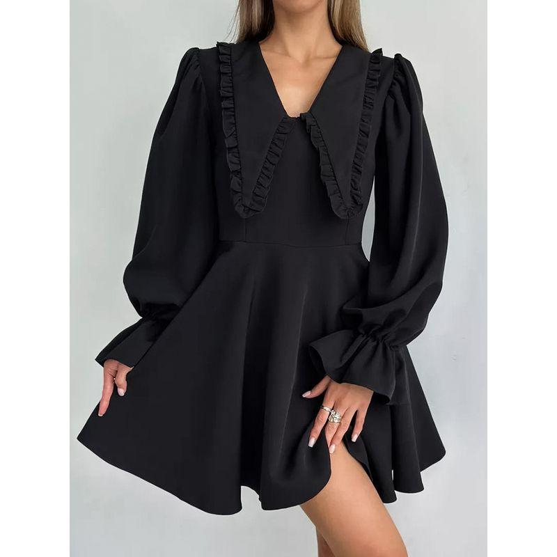 Fashion Fall and Winter Elegance Women's Dress Black Long Sleeves Temperament Skirt Casual