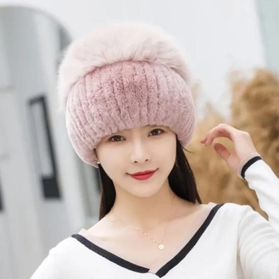 New Outdoor Good Elastic Natural Rex Rabbit Fur Hat Women Winter Knitted Real Sliver Fox Fur Cap Lady Real Fur Hats