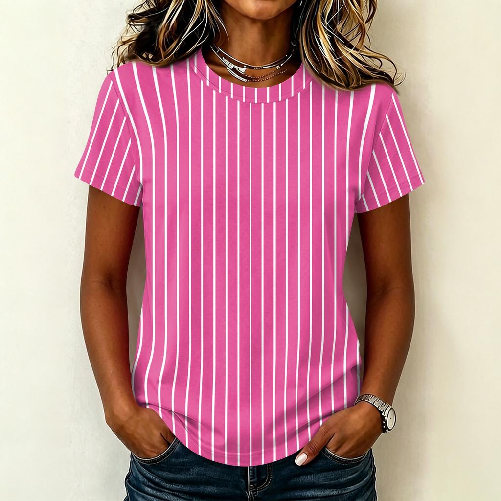 Women's Casual Crew Neck Short Sleeve Pullover T-Shirt Vertical Stripe Print Top Lightweight Soft Fabric Summer Wear