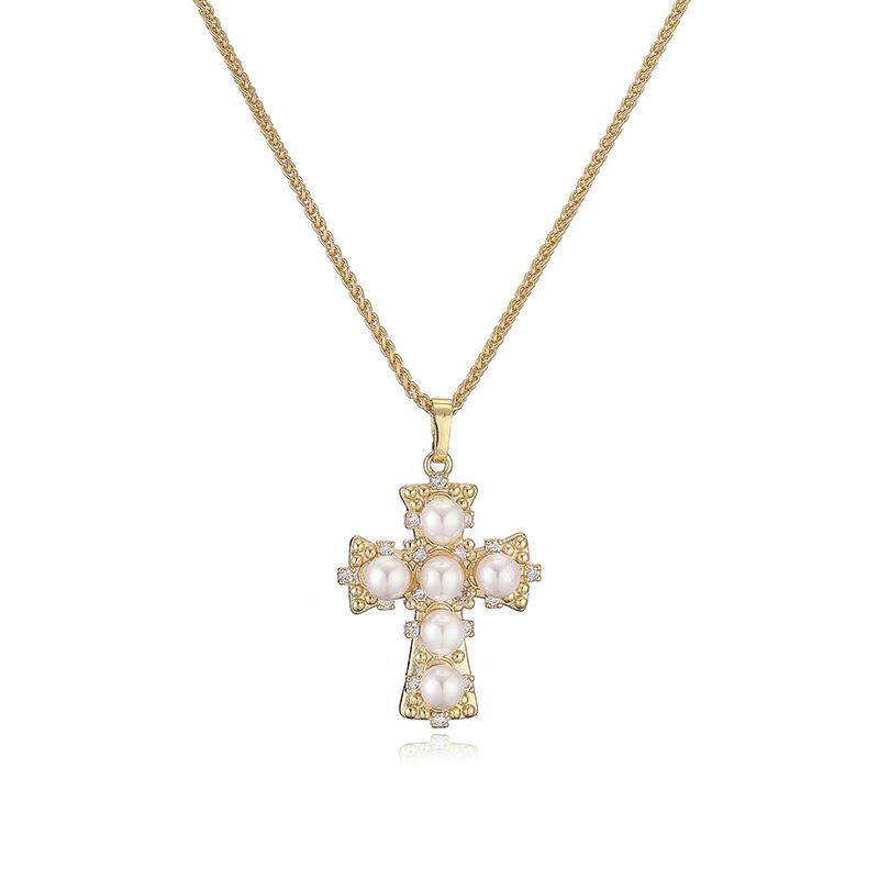 

HECHENG, Hip hop Exaggerated Cross Pearl Golden/Coppery Copper Pendant Neutral Zircon Necklace Party Party Gift Other золотой