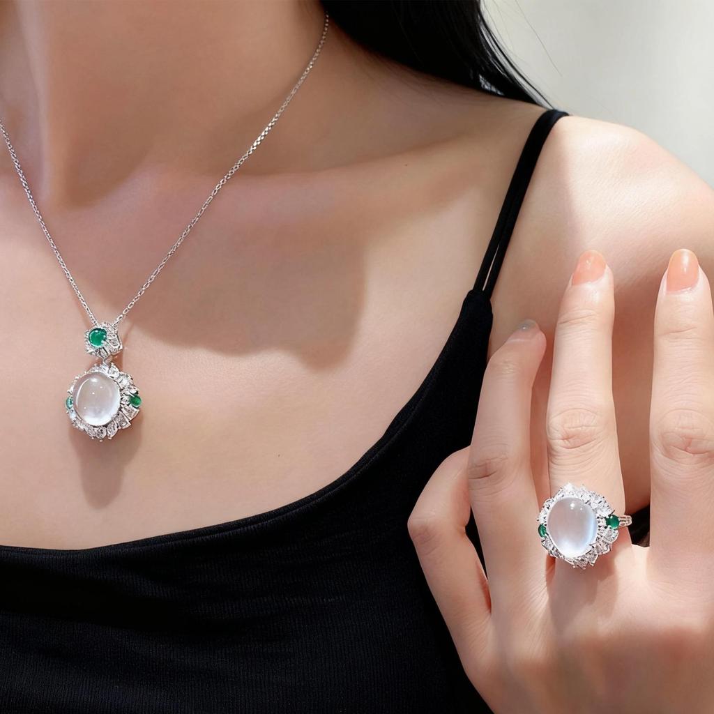 Retro Weißer Jade Diamant Offener Ring & Anhänger Halskette Schmuckset für Damen