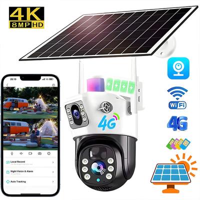 Dual Lens Solar Camera 4G SIM Card Wifi/4G Surveillance Outdoor 4K 8MP 360 Wireless Night Vision Cctv Security Protection IP Cameras
