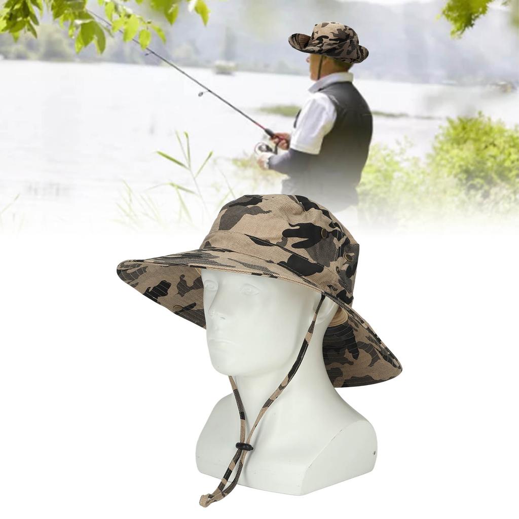 UPF50+ Fishing Hat with Mesh Vents Adjustable Strap Wide Brim Khaki Camouflage Sun Hat for Outdoor Hiking