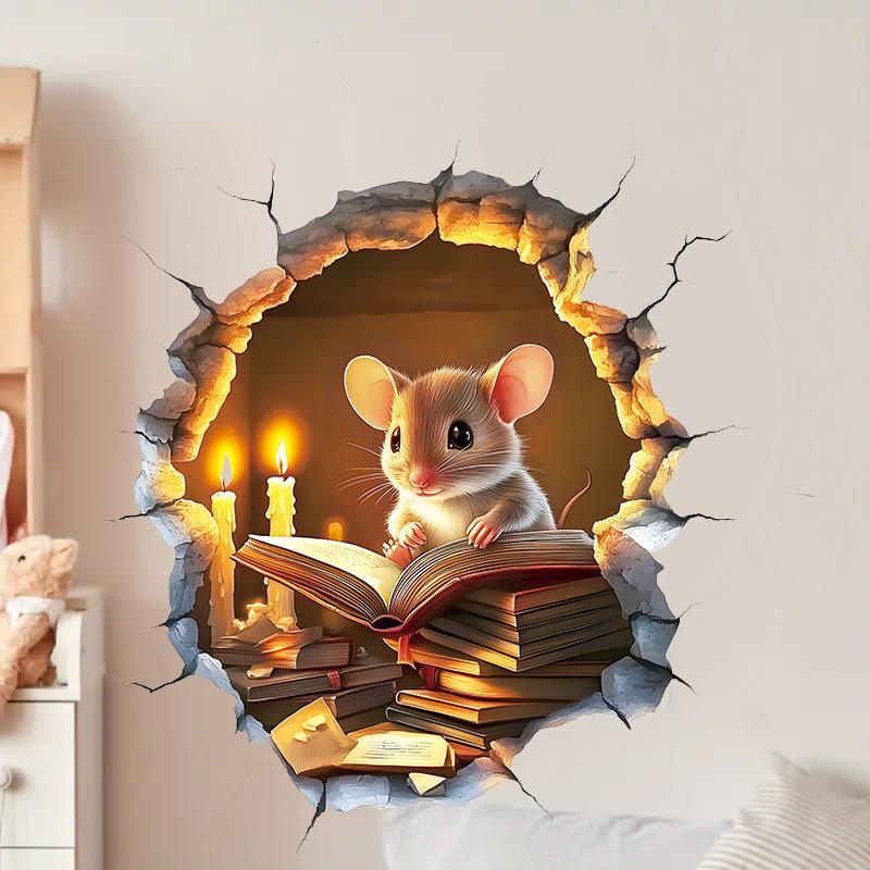 Cozy Cartoon Mouse Reading Book by Candlelight At Mouse Hole Toilet Wall Sticker Self-Adhesive Bathroom Home Decor Art Wholesale