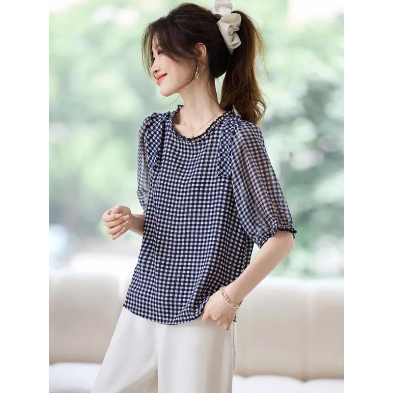Καλοκαιρινό Νέο Στυλ Chic Καρό Ζιφον Μπλουζάκι Γυναικείο Φαρδύ Casual Κοντομάνικο Όλο-Ταίριασμα Στρογγυλή Λαιμόκοψη Μπλούζα Μικρό Πουκάμισο