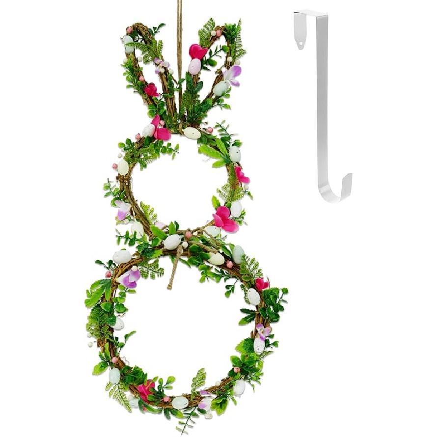DearSun 11.2" Spring Wreath Easter Wreath with Flowers, Eggs, Green Leaves and Twine, Hanging on Home Indoor Outdoor Front Door Wall