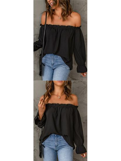 Women's Off-the-Shoulder Chiffon Blouse - European and American Style, Solid Color Pullover for Spring and Autumn, Sexy & Elegant.