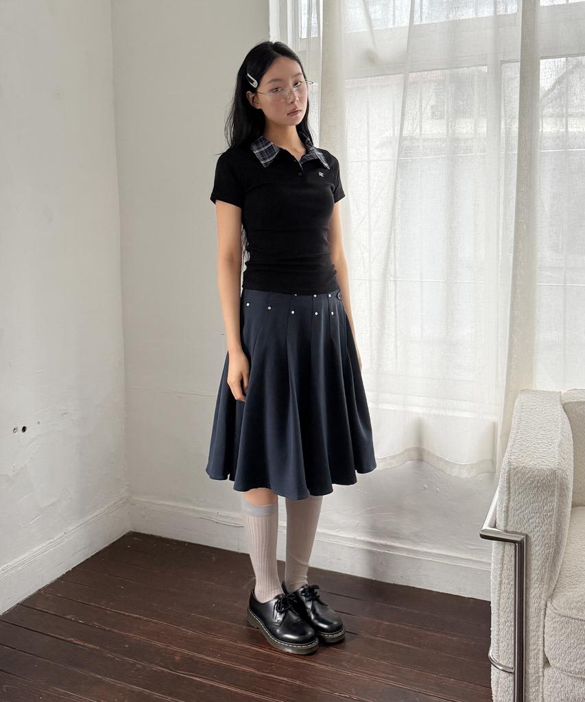 CHICKS Check Point Collared Short Sleeve T-Shirt Black