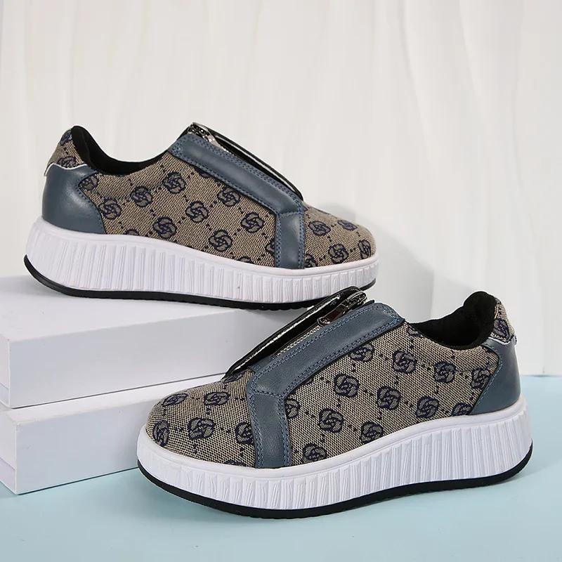 Fashion Women's Sports Shoes with Platform 2025 Autumn Embroidery Floral Thick Bottom Sneakers Women Front Zip Designer Shoes Plus Size
