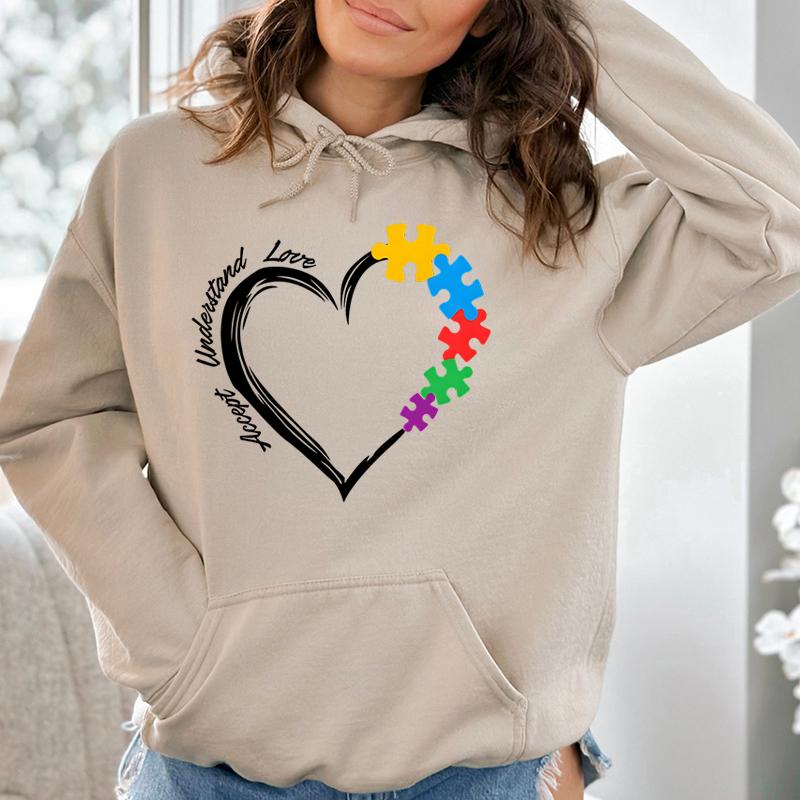 Autism Heart Accept Understand Love Print Hoodies For Women Fashion Casual Pullovers Long Sleeves Autism Mom Sweatshirts Tops