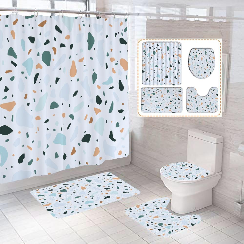 Small Fresh Mosaic Marble Printed Bathroom Curtain Shower Curtains With Hooks Non-Slip Carpet Toilet Lid Cover Bath Mats Rugs