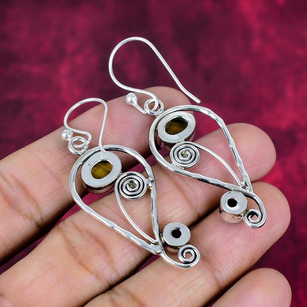 Tiger's Eye 925 Solid Sterling Silver Earrings, Handmade Gemstone Earrings, Gift For Mom Antique Jewelry