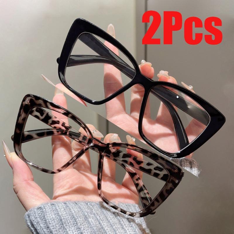 2Pcs Fashion Street Shooting Cat Eye Sunglasses Oversized Photo Props Leopard Square Frame Sun Glasses Butterfly Candy Color Blue Light Eyewear