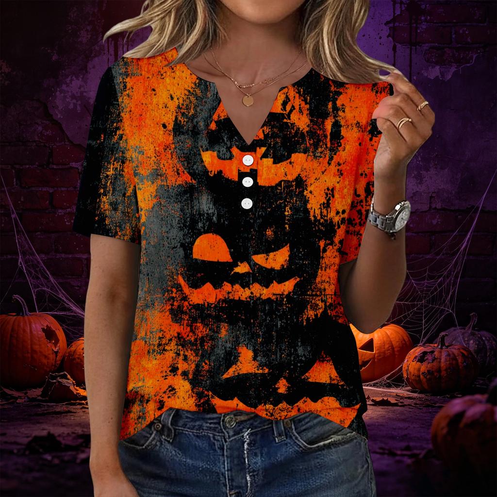 Women's Casual Halloween Print V Neck Short Sleeve Button Decor T Shirt Top Lightweight Comfortable Fit for Everyday Wear