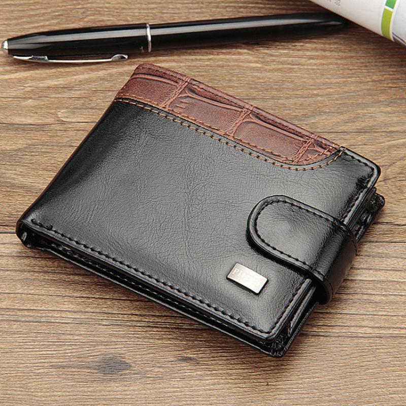 Men's small card bag buckle short money ticket clip splicing change bag horizontal leather wallet, men