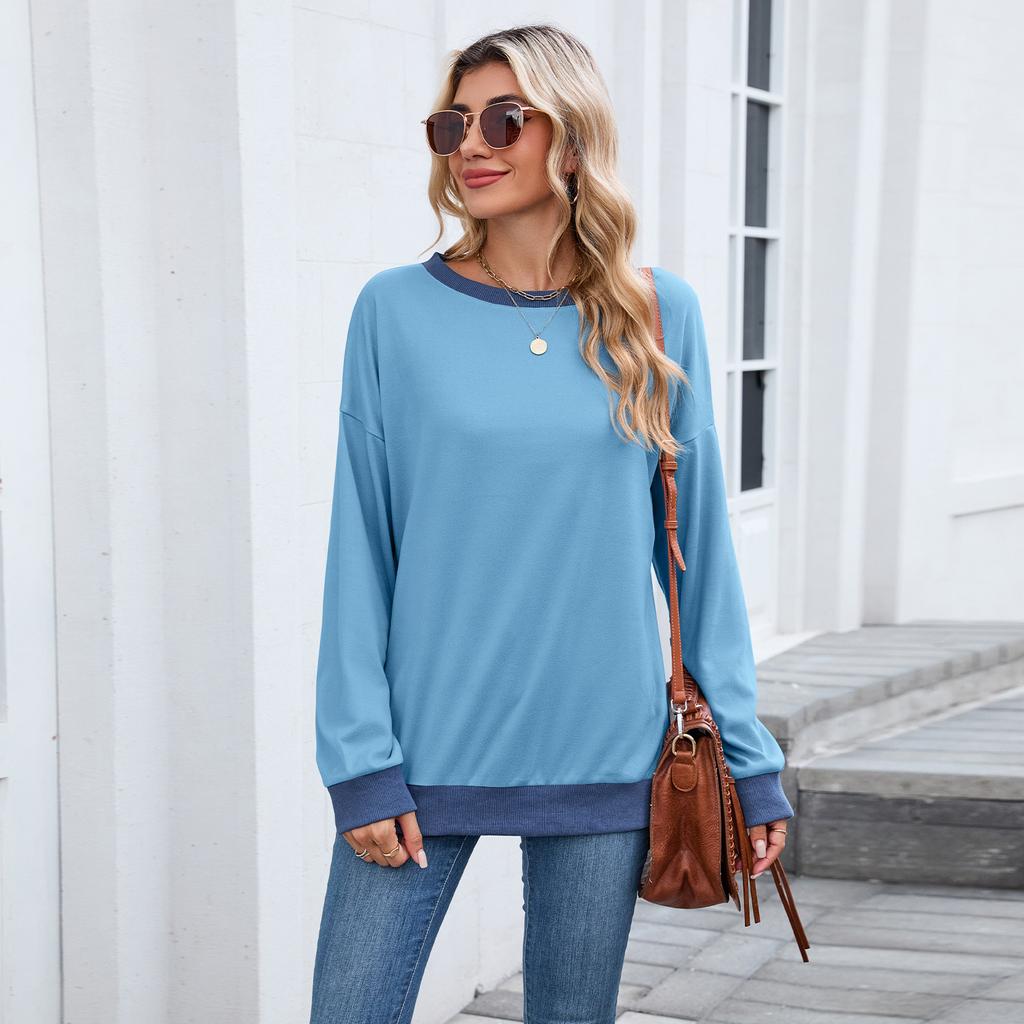 Women's Round Neck Loose Top Long Sleeved Color Blocked Ribbed Sweatshirt