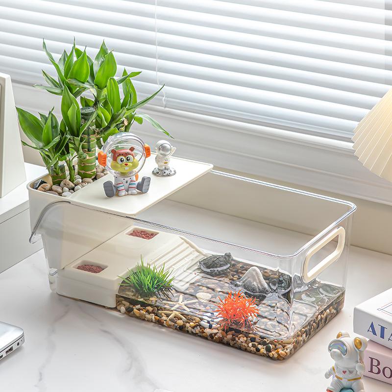 Kompaktowe akwarium hodowlane dla żółwi do domu i biura z ekologicznym krajobrazem i miejscem do wygrzewania się