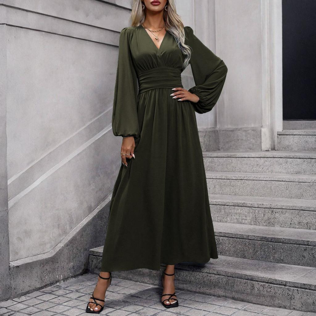 Women's Fashionable Color V-neck Long Sleeved Slit Dress