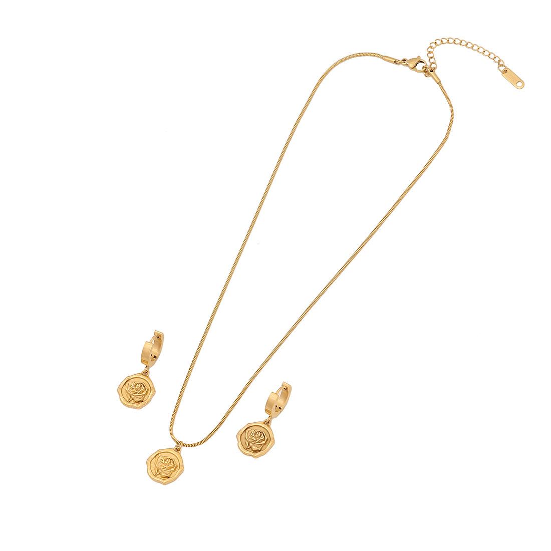 New Western Style Cross-border Jewelry Rose Flower Pendant Set Coin Stainless Steel Necklace