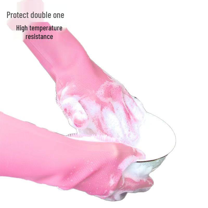 Durable Fleece-Lined Silicone Dishwashing Gloves - Non-Slip, Thickened for Household Scrubbing & Cleaning