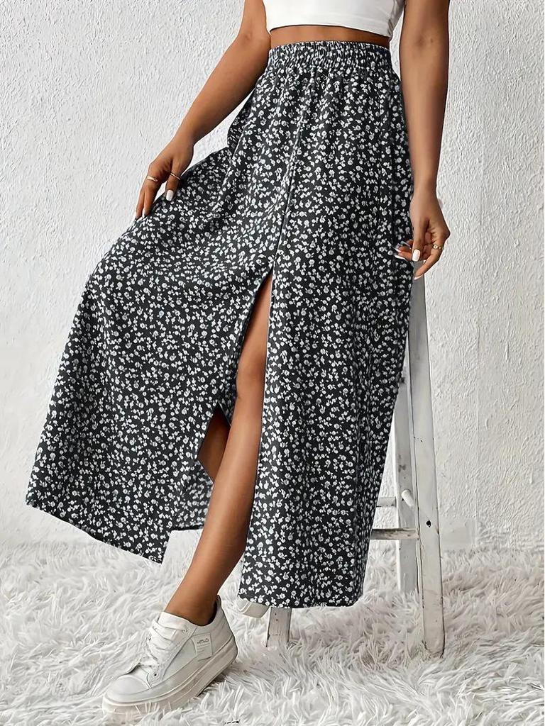 Women's Vintage High Waist Printed Long Skirt with Side Slit - Spring/Summer