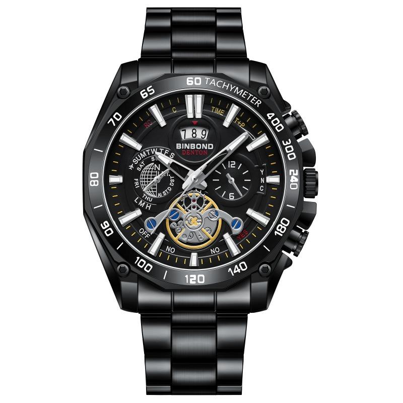BINBOND luminous trend student watch men's tourbillon gift steel belt three eyes six needles decorative watch