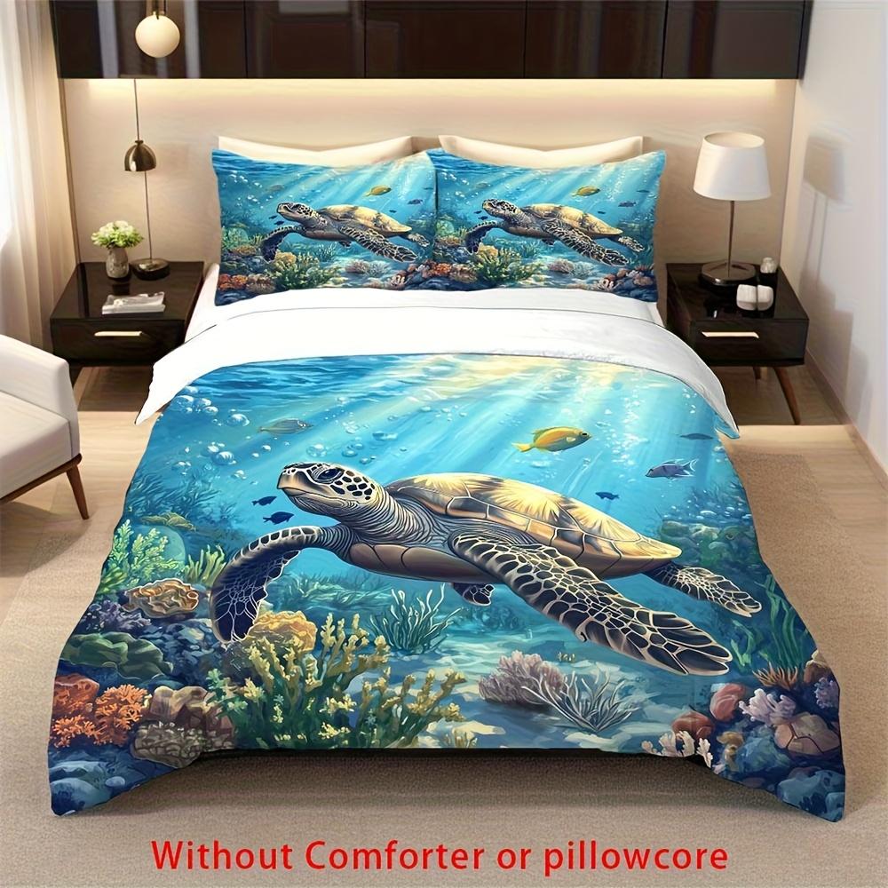 

2/3Pcs Blue Ocean Turtle Print Duvet Cover Set (1 Duvet Cover + 1/2 Pillowcase, Without Core), Underwater World Fish Coral Duvet Cover Set&AU Single(140x210cm)