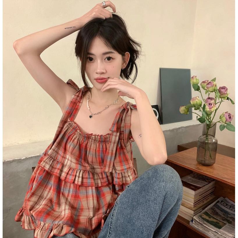 Summer Women's  Vintage Tanks & Camis Lace Up Green Crop Top Plaid Strap Sleeveless Tank Tops Clothes