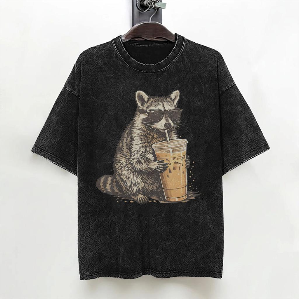 Funny Sunglasses Raccoon Drinking Iced Coffee Lovers Meme T Shirt Washed TShirt for Men Women Streetwear Summer Tee Shirt