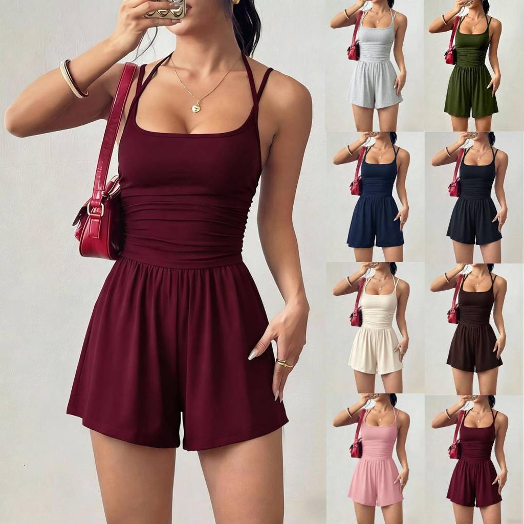 Women's Solid Color Sleeveless Halterneck Suspender Jumpsuit Pleated Waist Shorts