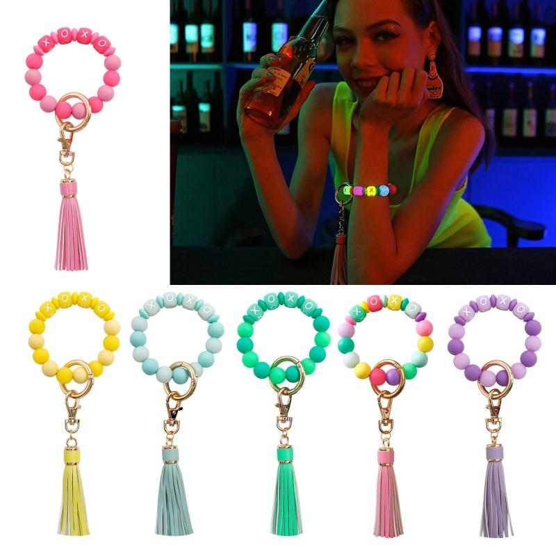 Wristlet Keychain Bracelet Bangle for Key Ring Chain Bracelet with Fluorescent Silicone Bead Leather Bead Keychain for W