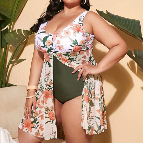 Costum de baie întreg de vară pentru femei plinute, cu gât U, fără mâneci, cu imprimeu de plante, tiv crăpat, control abdomen, costum de înot, uscare rapidă, îmbrăcăminte de plajă EMA