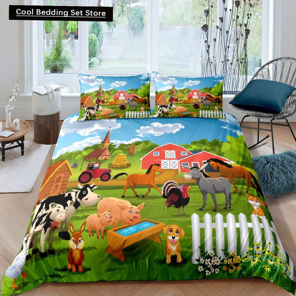 Bauernhof Tiere König Königin Bettbezug Cartoon Bauernhaus Kuh Schwein Ente Bettwäsche Set für Jungen Mädchen Schaf Grün Polyester Bettdeckenbezug