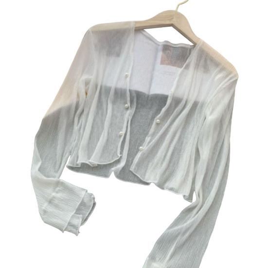 Damen Mesh Durchsichtig Sonnenjacke Langarm Knopfleiste Sonnenshirts UV-Schutz Kurz