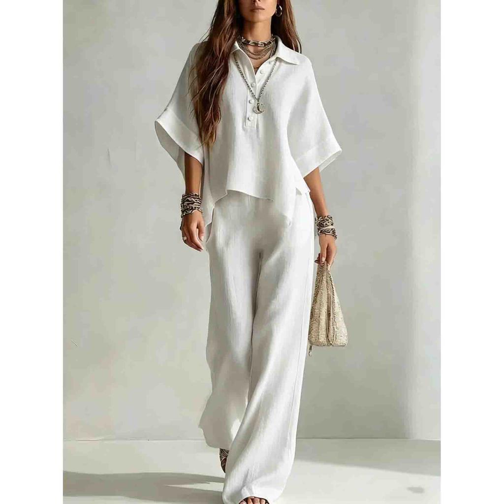 Solid Color Pants Set Summer Loose Half-sleeved Shirt Loose Wide-leg Trousers Two-piece Set Fashion Vacation Suit