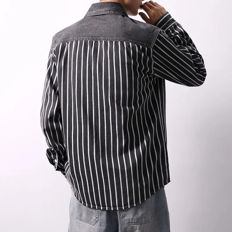 Spring Autumn Men Fashion Denim Shirts Men Long Sleeve Casual Cotton Shirt Men Striped Streetwear Tops Turn Down Collar Blouse