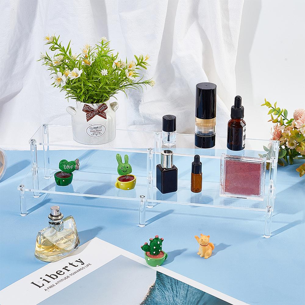 1set 2-Tier Transparent Acrylic Minifigures Display Risers with Iron Findings for Cosmetic Model Display Clear Finish Product: 14x40x10.5cm