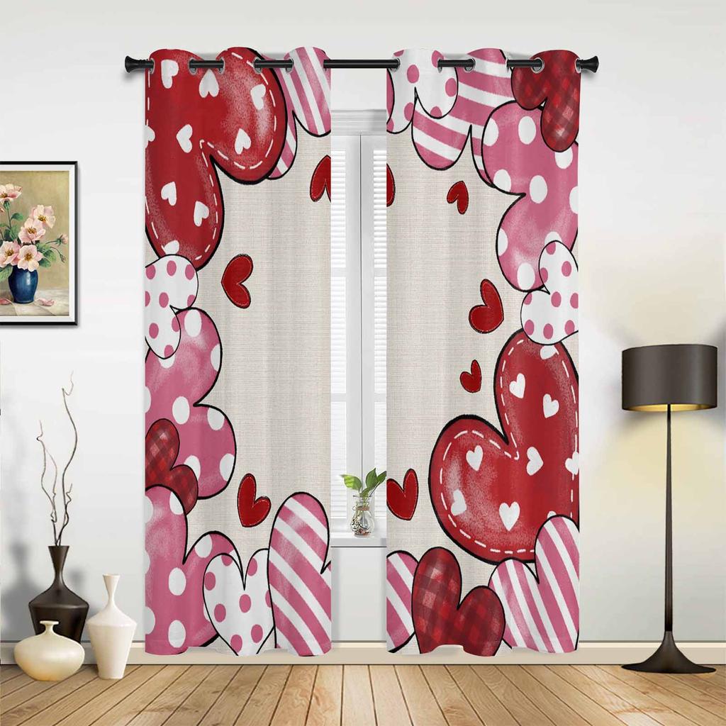 Valentine'S Day Stripes Polka Dot Hearts Window Curtains for Living Room Bedroom Curtain Modern Kitchen Blinds Drapes Curtains