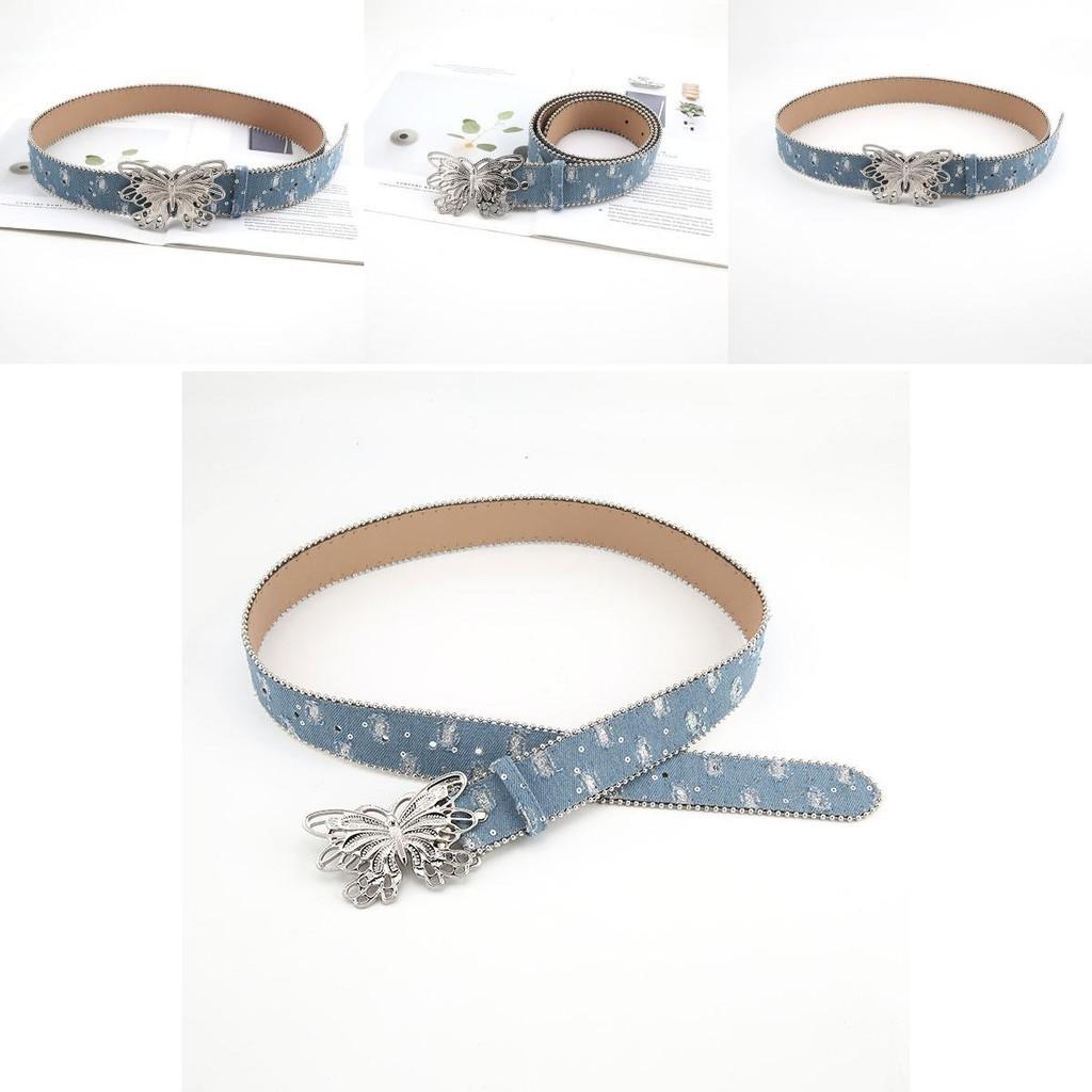 Ladies Canvas Belt 2023 New Summer Smooth Buckle Butterfly Decor Leather Belt For Jeans Stylish Korean Fashion 103cm