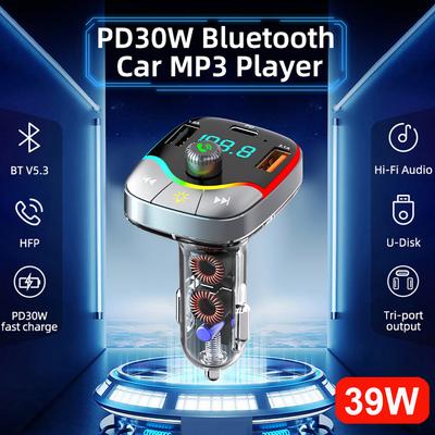Bluetooth 5.3 FM-Transmitter Freisprecheinrichtung Autoradio-Modulator PD + 3.1A Doppel-USB-Telefonladegerät Schnellladefunktion RGB USB AUX Musik-Kit