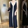 Contrast Spliced Halter Maxi Dress For Women V Neck Backless Front Split Ladies Holiday Robe