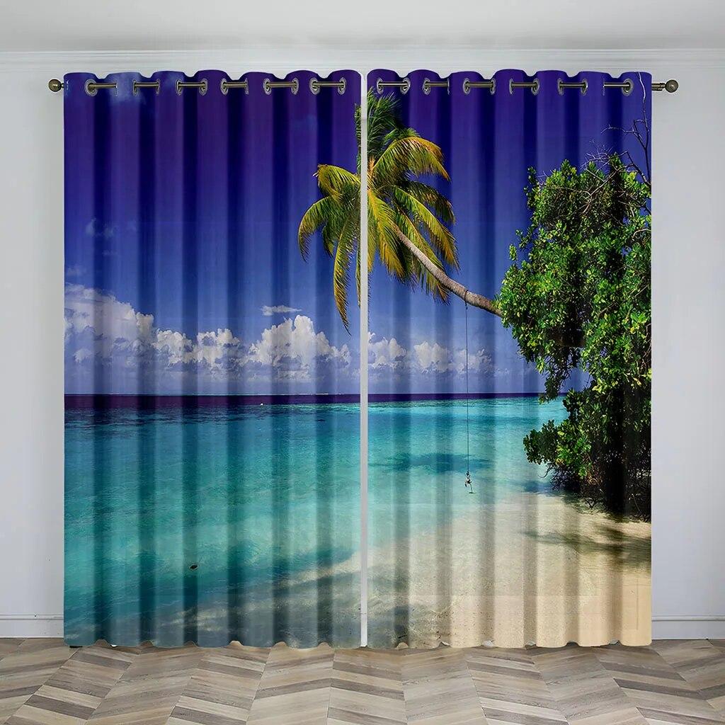 3D digital solnedgång över havet Lugn, mörkläggningsgardin för vardagsrum, sovrum, ö, sommartid, 2 delar skuggning