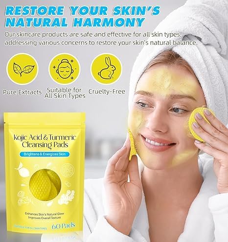 Kojic Acid and Turmeric Cleansing Pads|Face Cleansing Pads for Dark Spots, Skin Brightening, Acne & Makeup Removal | Vitamin C, Retinol & Chamomile