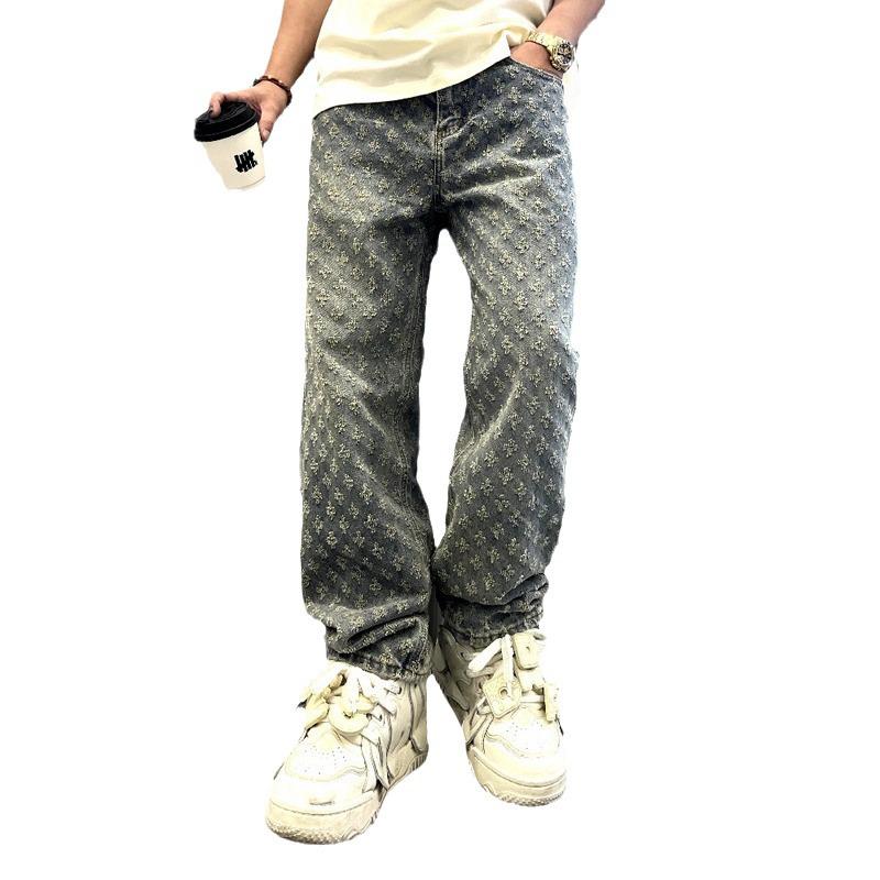 High-Street Trendy Cross Jacquard Print Loose Wide-Leg Jeans