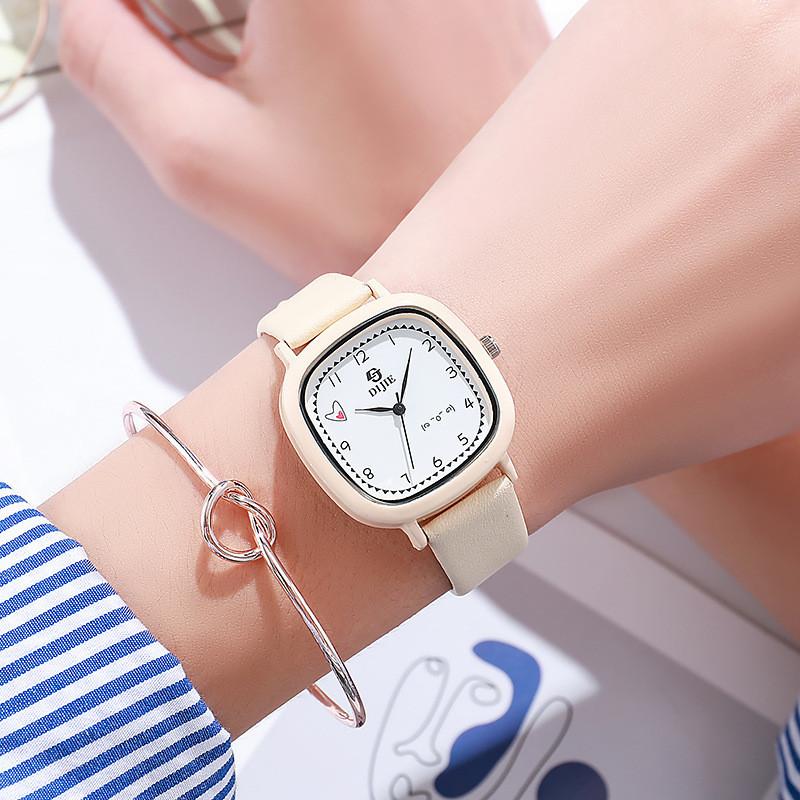 Student Fashion Square Heart Quartz Watch For High School Exams With Leather Strap